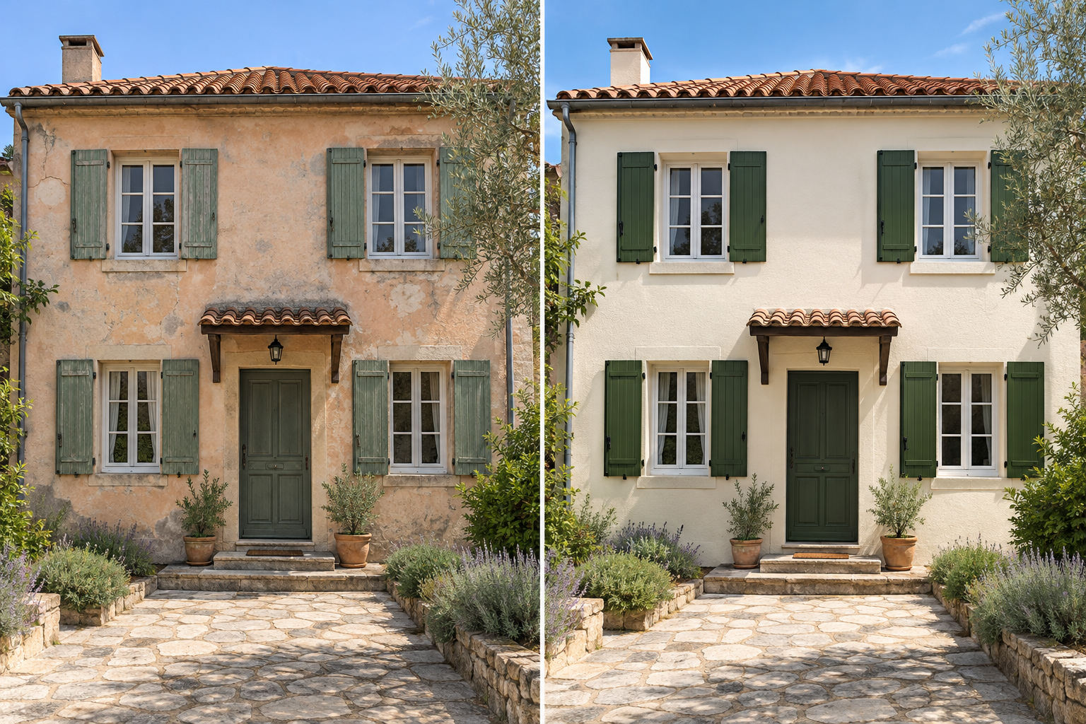 Exemple illustratif généré par IA : une façade avant et après remise en peinture, avec les mêmes ouvertures et la même toiture.