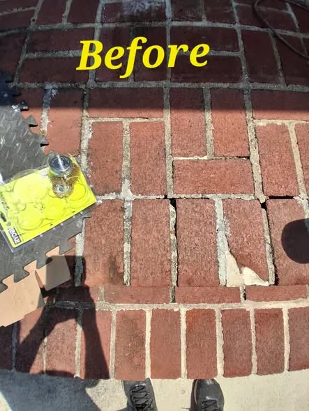 Before photo of brick steps with failing, crumbling mortar joints.